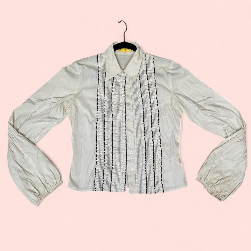 Vintage catherine malandrino white and black ruffled button up